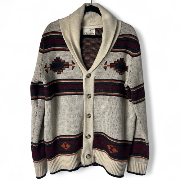Brave Soul Beige and Burgundy Patterned Cardigan - Picture 1 of 6
